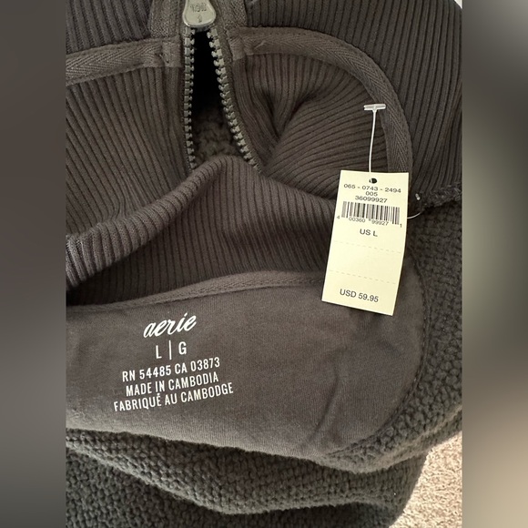 NWT! Aerie Dream Sherpa Quarter Zip Sweatshirt smoked gray size L - Picture 8 of 8